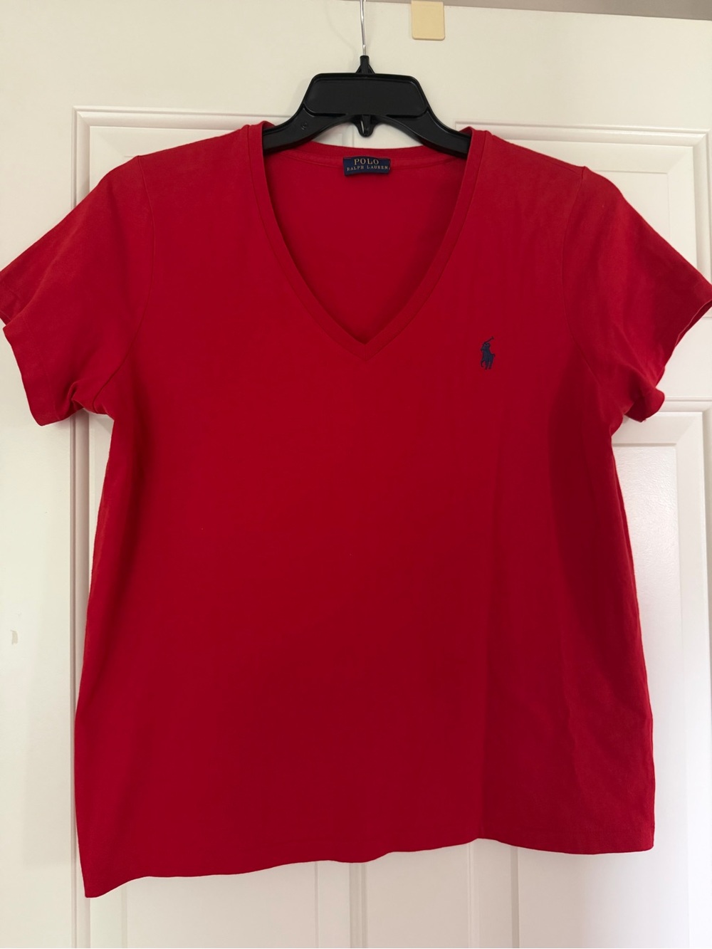 Ralph Lauren Women’s Red V-Neck Polo Tee with Navy Pony